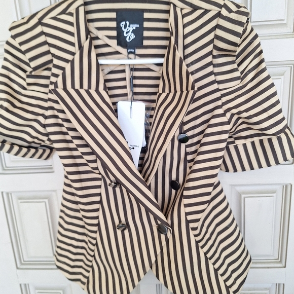 Vero Moda Jacket SzXS Stripe Blk/Tan Collar/Dbl Breasted Short Sleeves NWT - Picture 3 of 8